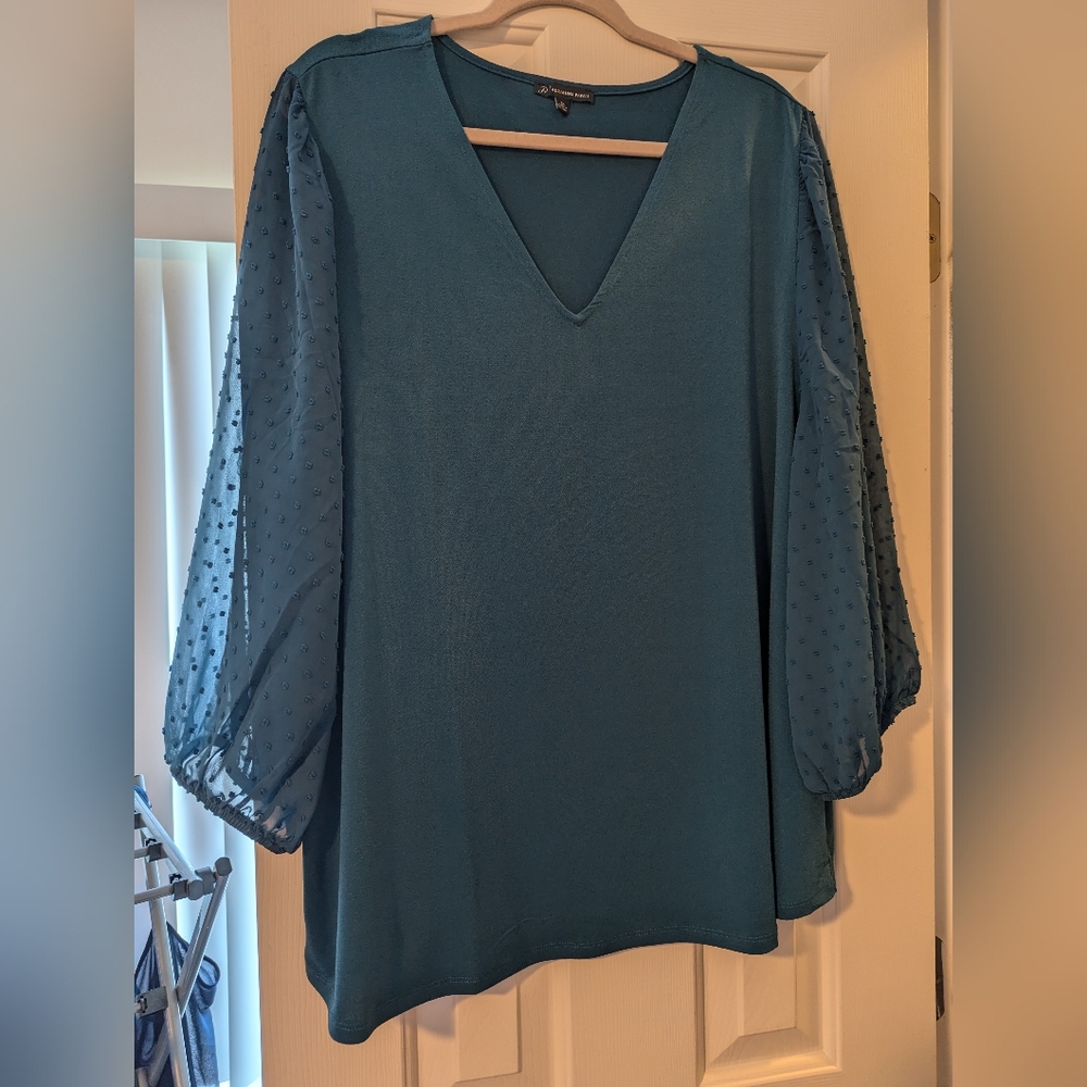 Adrianna Papell Teal V-Neck Blouse with Sheer Sleeves
